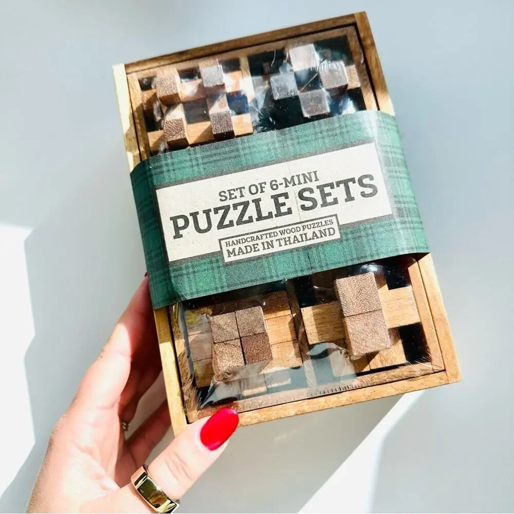 NEW WEST ELM Brown Tan Handcrafted Hand Wood Wooden Mini Puzzle Box Gift Set 6
